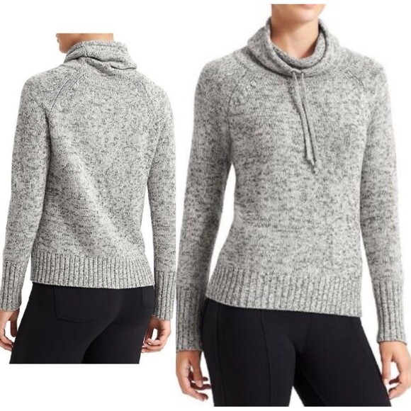 Athleta Traverse City Merino Wool Cowlneck Sweater Large Drawstring Gray Heather - Picture 1 of 6